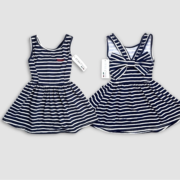 NWT Moda Italy Navy and White Striped Girls Dress with Bow Back, Size 4 - Picture 1 of 1